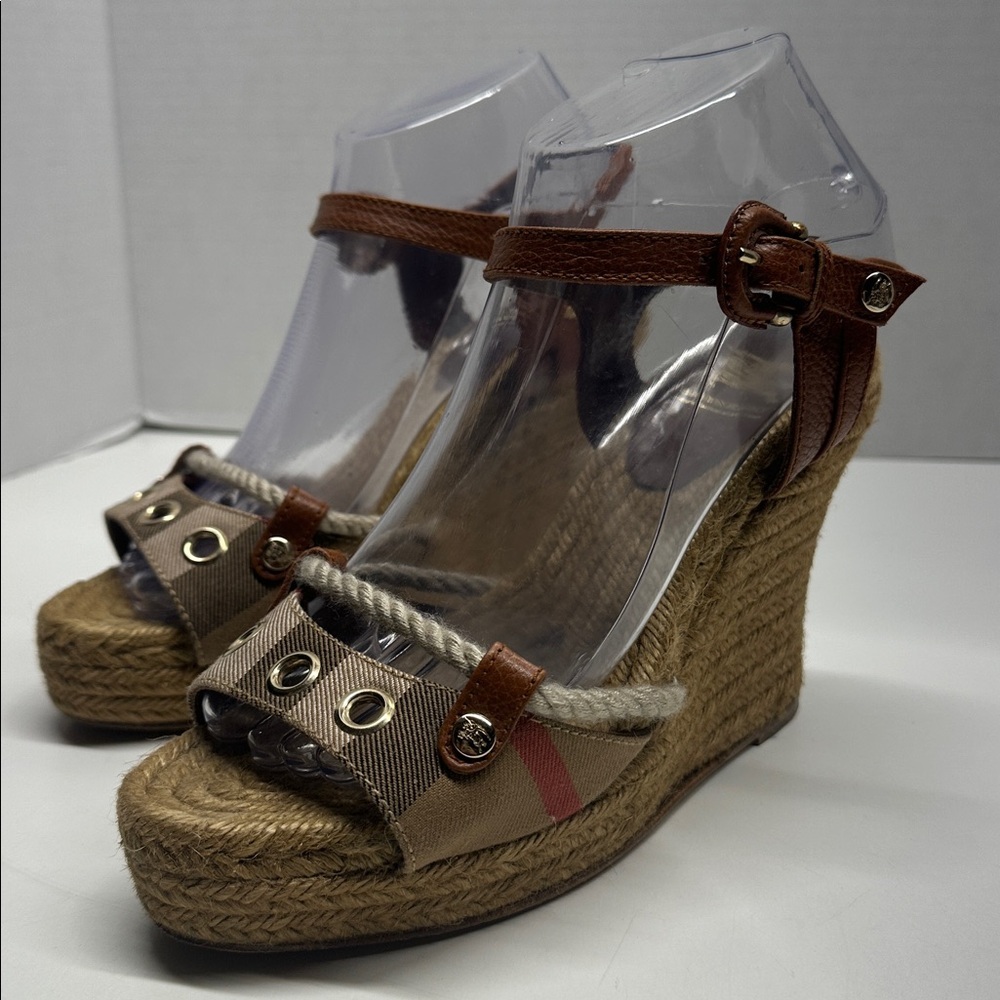Burberry Espadrilles Open Toe Nova Check Strappy Rope Wedges Sandals Heels 38 8